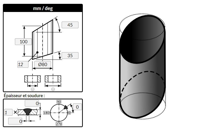 Flattening of a right cuted by planes, using MetalFox, the software for sheet metal workers and pipefitters.