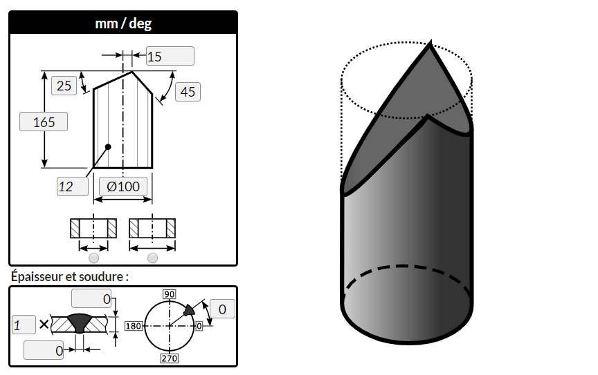 Flattening of a right cuted by planes, using MetalFox, the software for sheet metal workers and pipefitters.