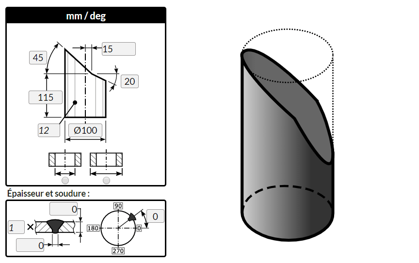 Flattening of a right cuted by planes, using MetalFox, the software for sheet metal workers and pipefitters.