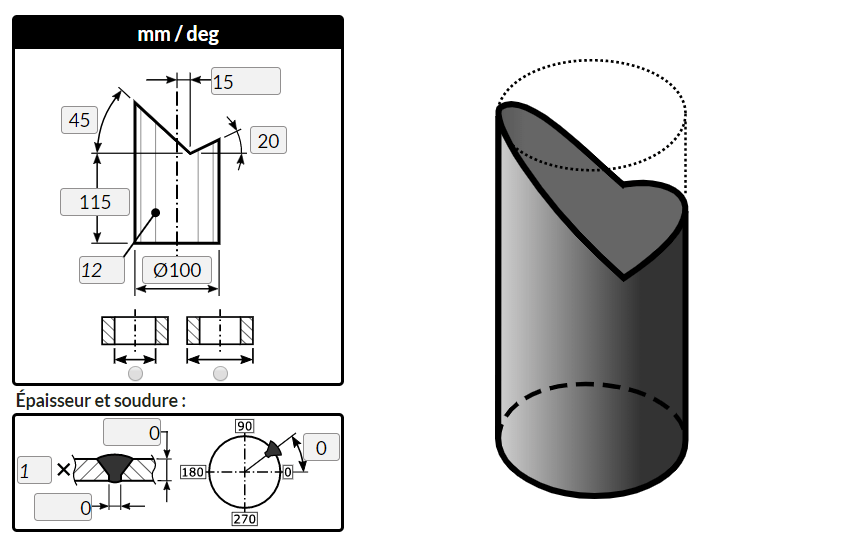 Flattening of a right cuted by planes, using MetalFox, the software for sheet metal workers and pipefitters.